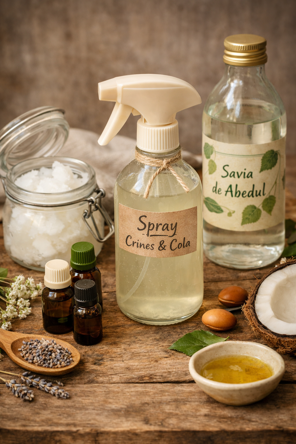 Ingredientes naturales para preparar spray casero de crines y cola para caballo