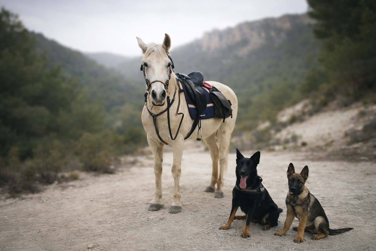 Caballo y perro trabajando juntos en entorno natural con seguridad