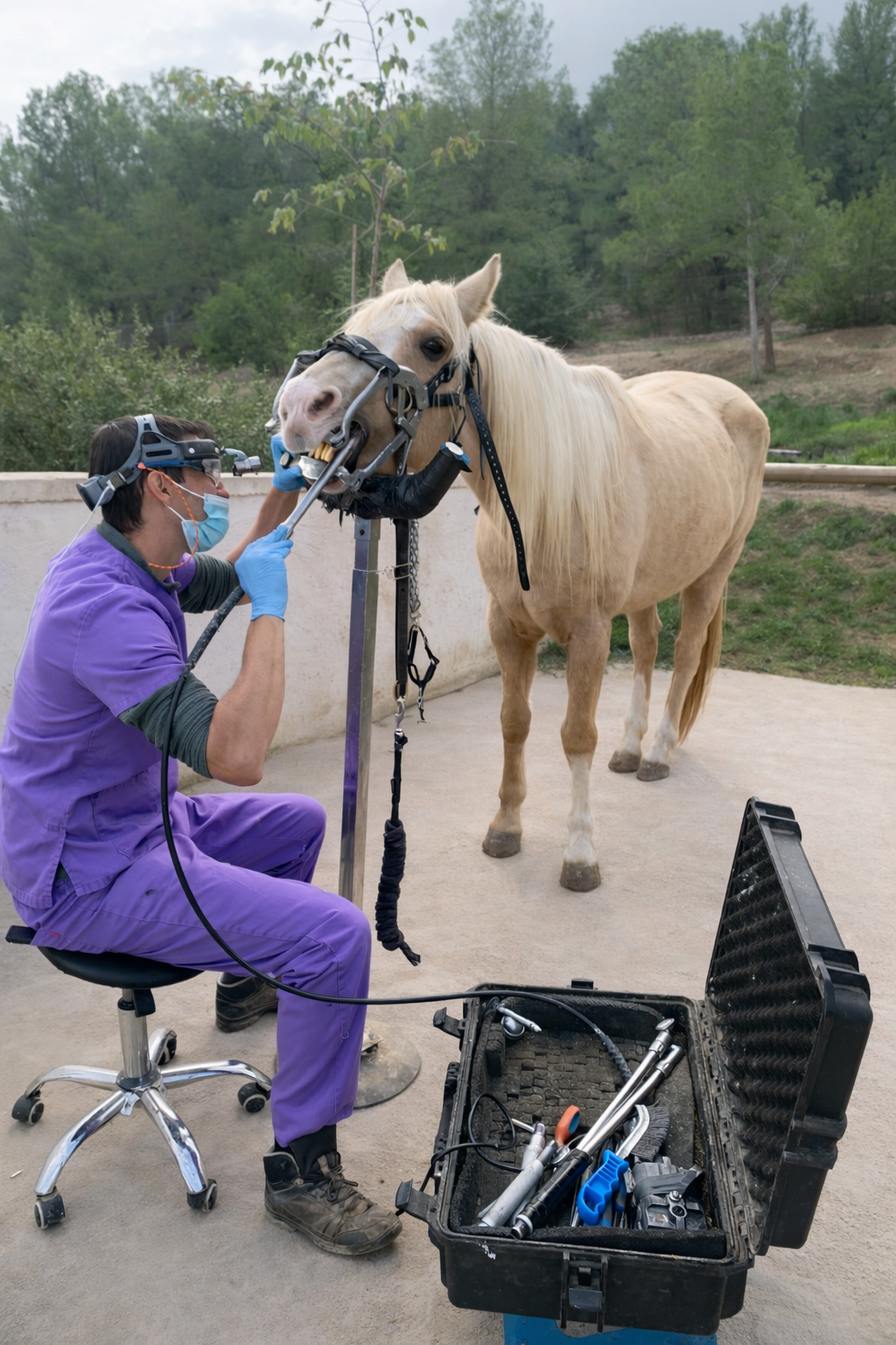 Exploración de la boca de un caballo durante revisión dental anual 