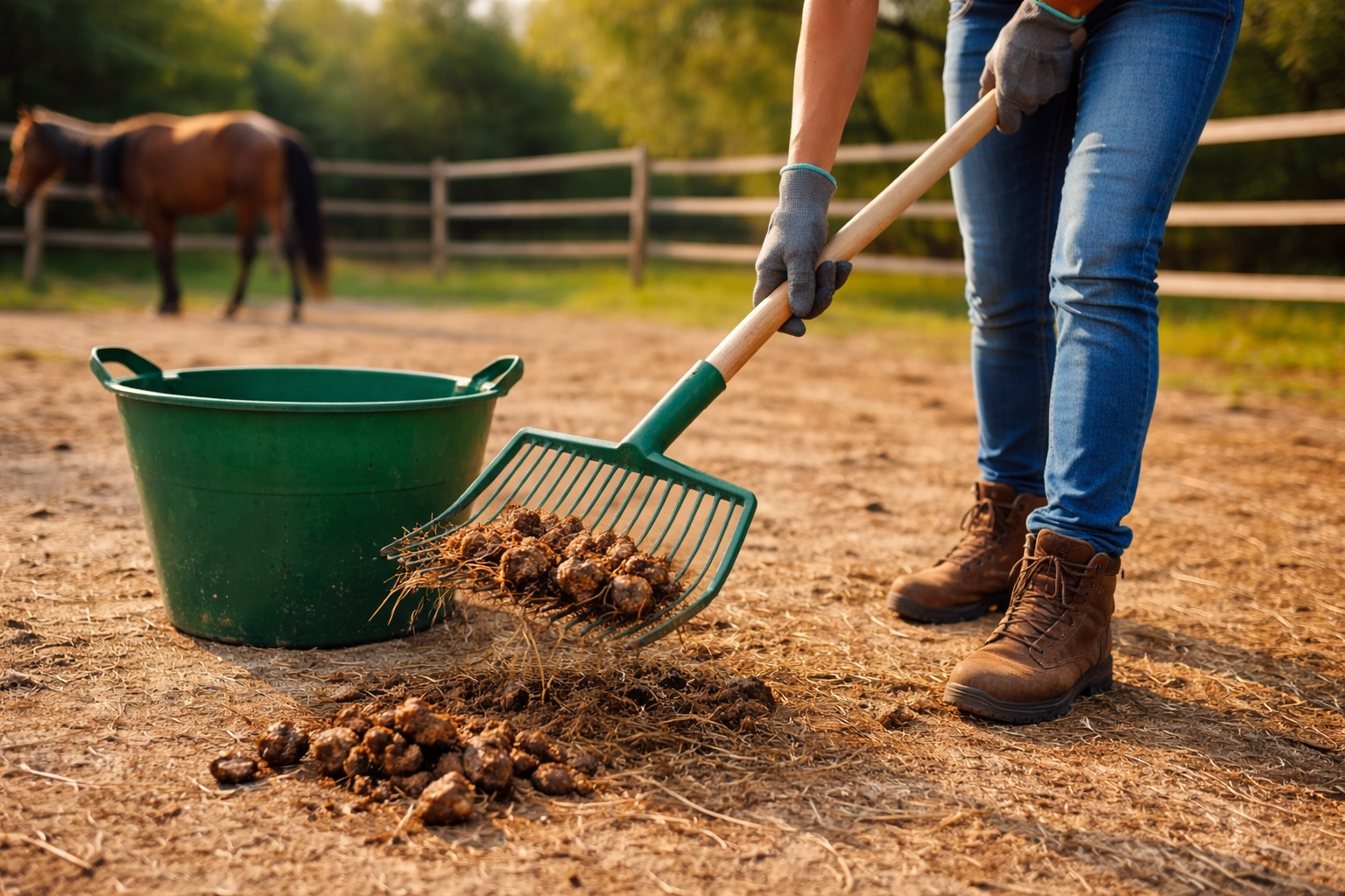 Limpieza de estiércol en paddock abierto como parte del manejo preventivo en potros y caballos