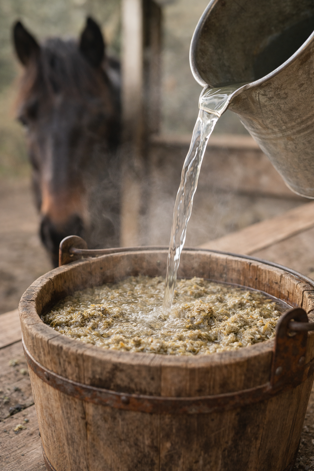 Mash de cobs de heno en remojo preparado para caballo senior