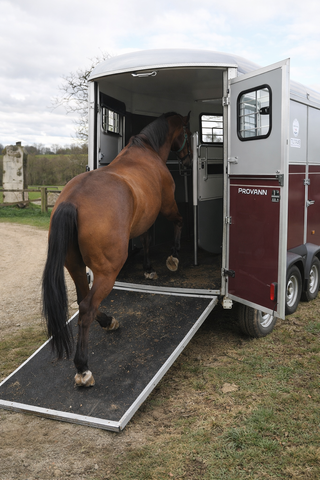 Caballo dentro de un remolque, calmado y seguro